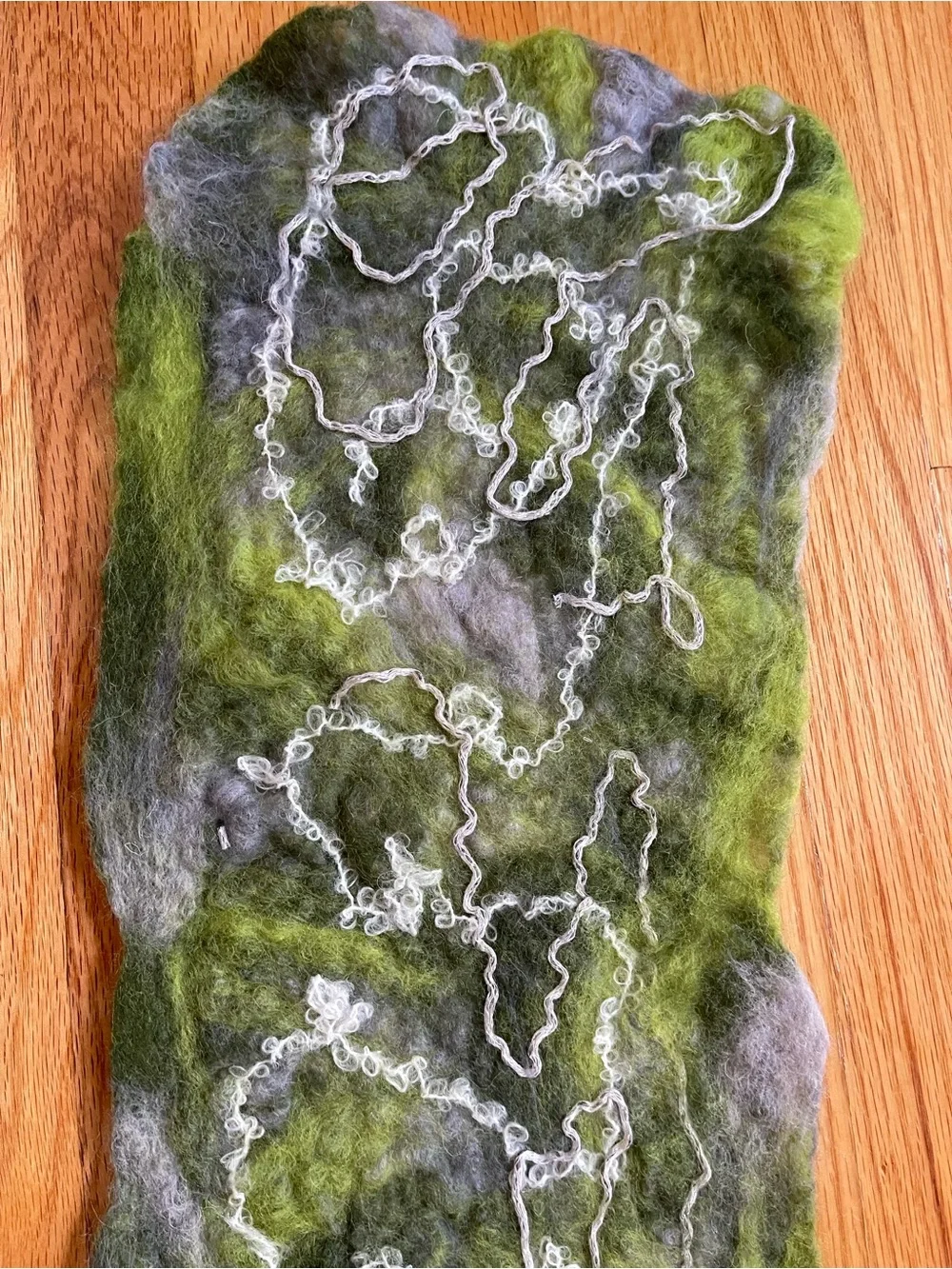 Olive Green and Gray Felted Merino Wool Scarf with White Embellished Yarns